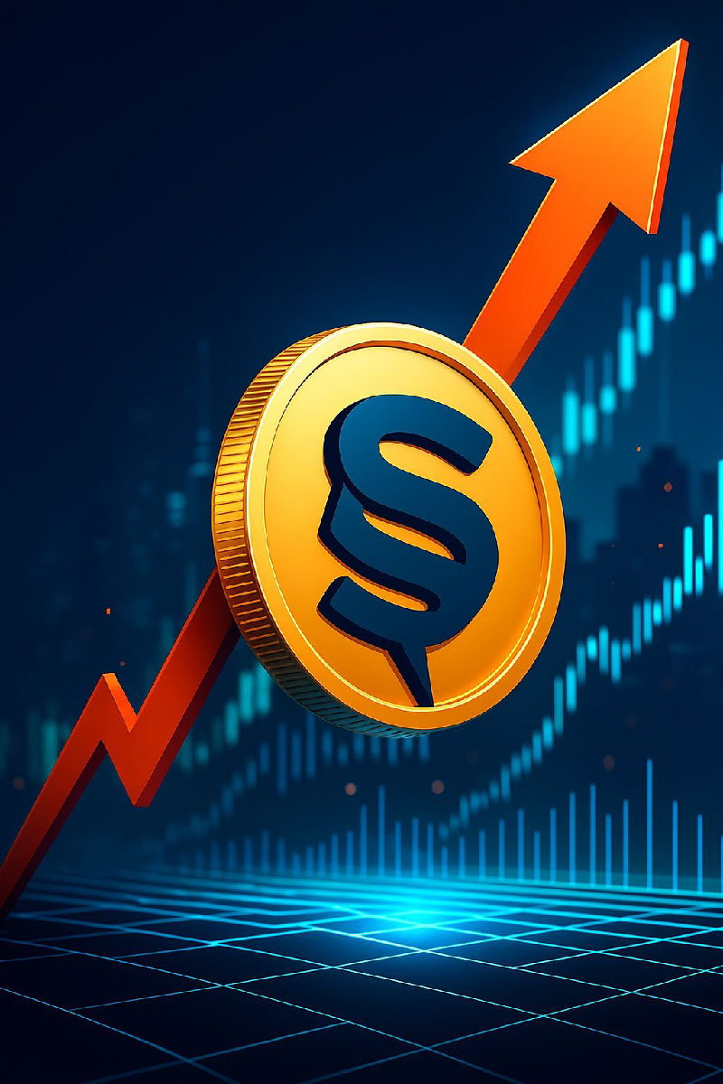Moneda SOVR ascendiendo con gráfico alcista de fondo